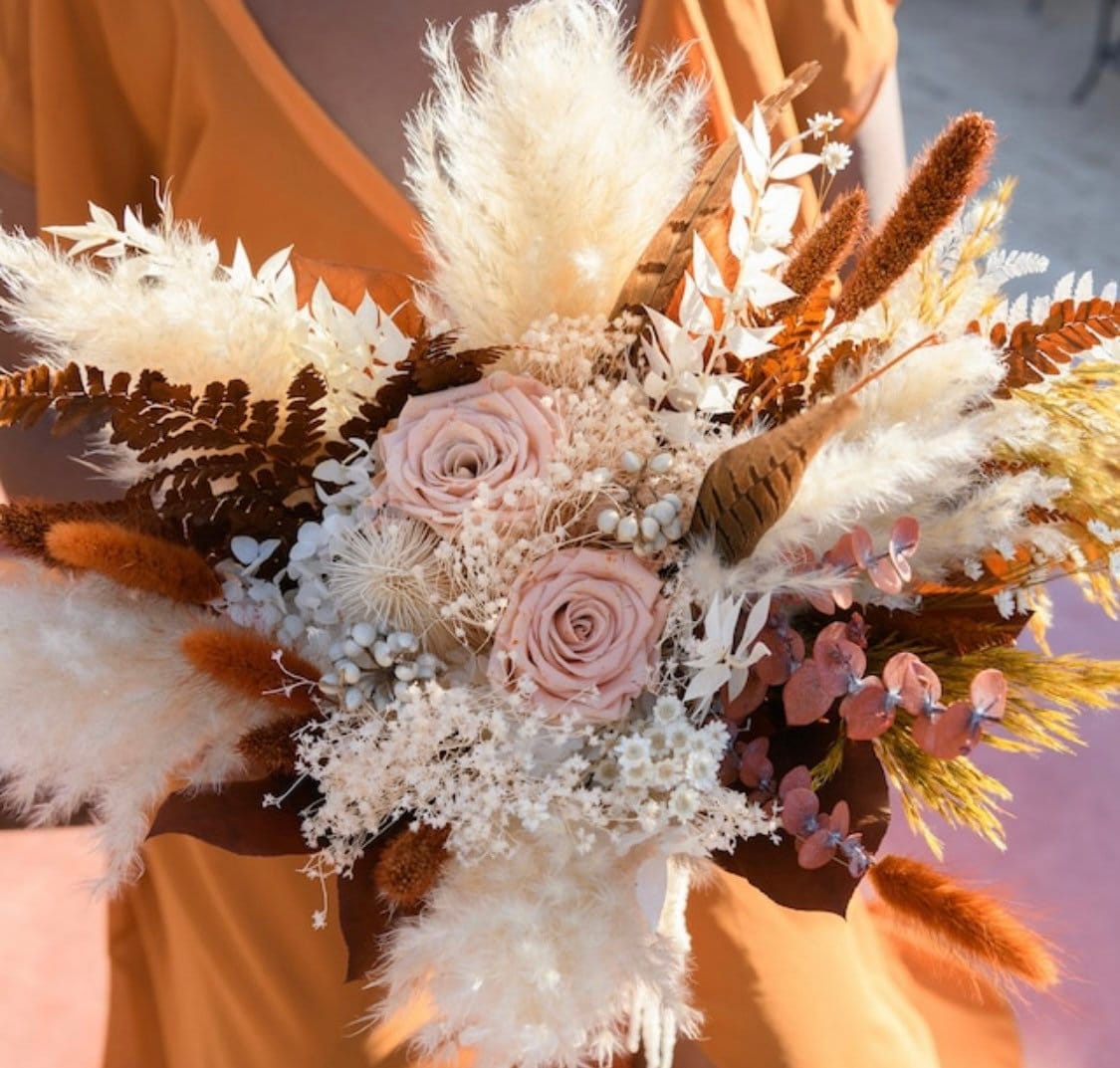 Terracotta + Pheasant Feather Pampas Grass Bouquet/ Bride and Bridesmaids/ Dried Flower Bouquet