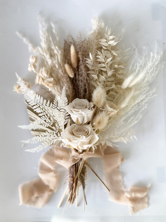 Small White Preserved Rose + Pampas Grass Bouquet/ Bride and Bridesmaids/ Dried Flower Bouquet/ Wedding Flowers
