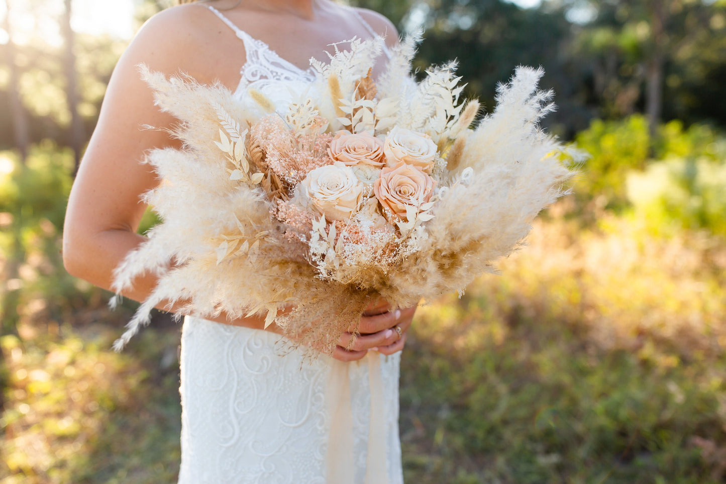 Toffee , Peach + Blush Rose Bouquet/ Bride and Bridesmaids/ Dried Flower Bouquet/ Wedding Flowers