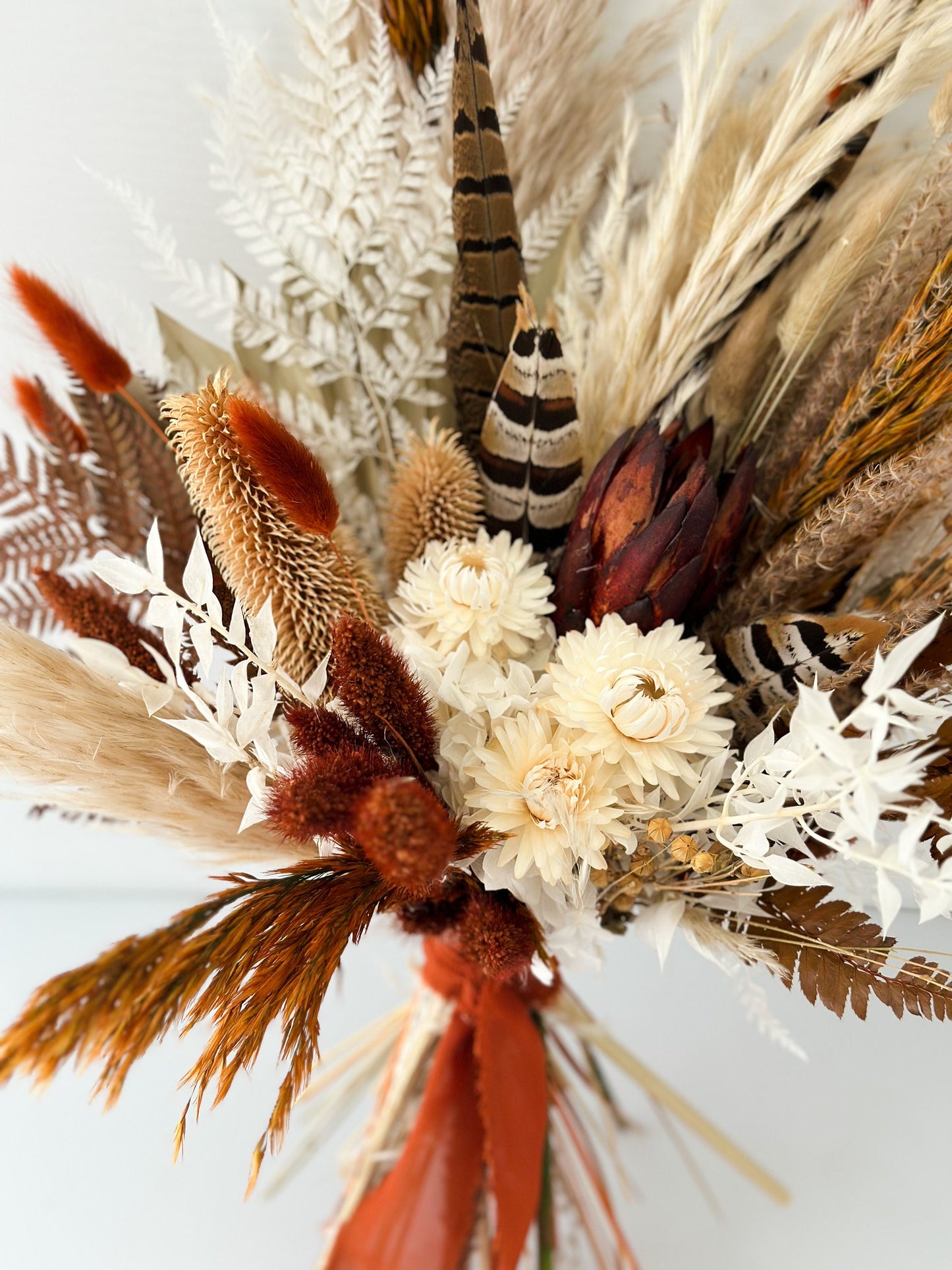 Small Terracotta + Rust Pheasant Feather Bouquet/ Bride and Bridesmaids/ Dried Flower Bouquet/ Wedding Flowers