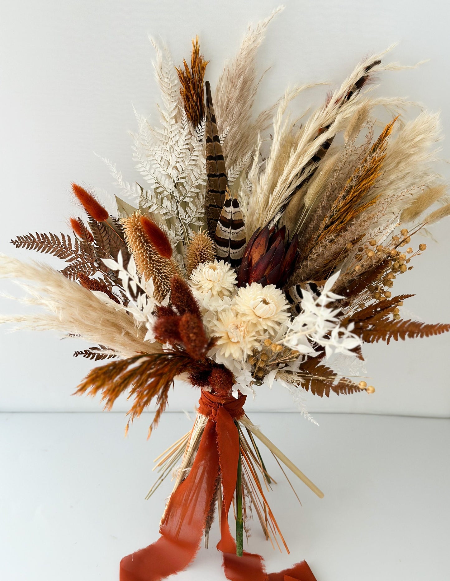 Small Terracotta + Rust Pheasant Feather Bouquet/ Bride and Bridesmaids/ Dried Flower Bouquet/ Wedding Flowers