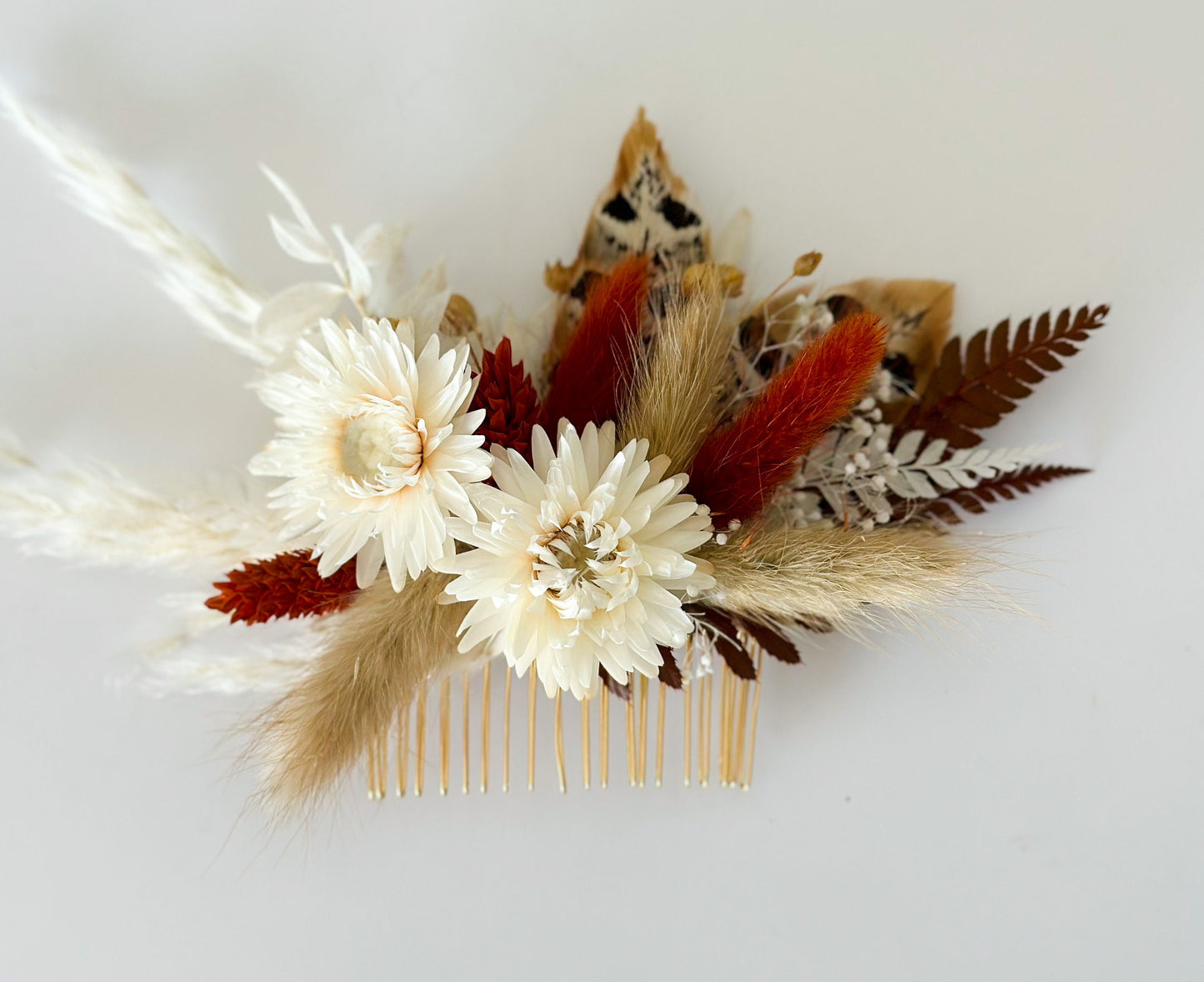 Terracotta Pheasant Feather Dried Flower Hair Comb