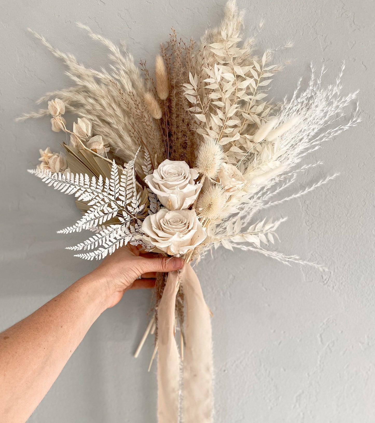 Small White Preserved Rose + Pampas Grass Bouquet/ Bride and Bridesmaids/ Dried Flower Bouquet/ Wedding Flowers