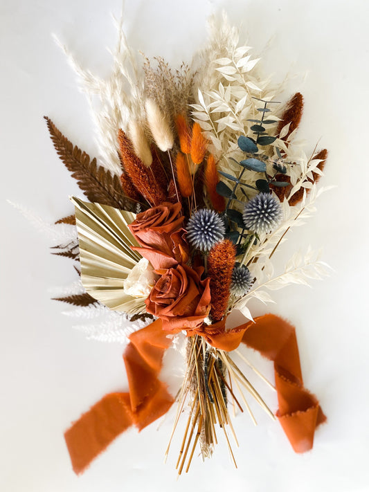 Small Rust Rose + Dusty Blue Bouquet/ Bride and Bridesmaids/ Dried Flower Bouquet/ Wedding Flowers