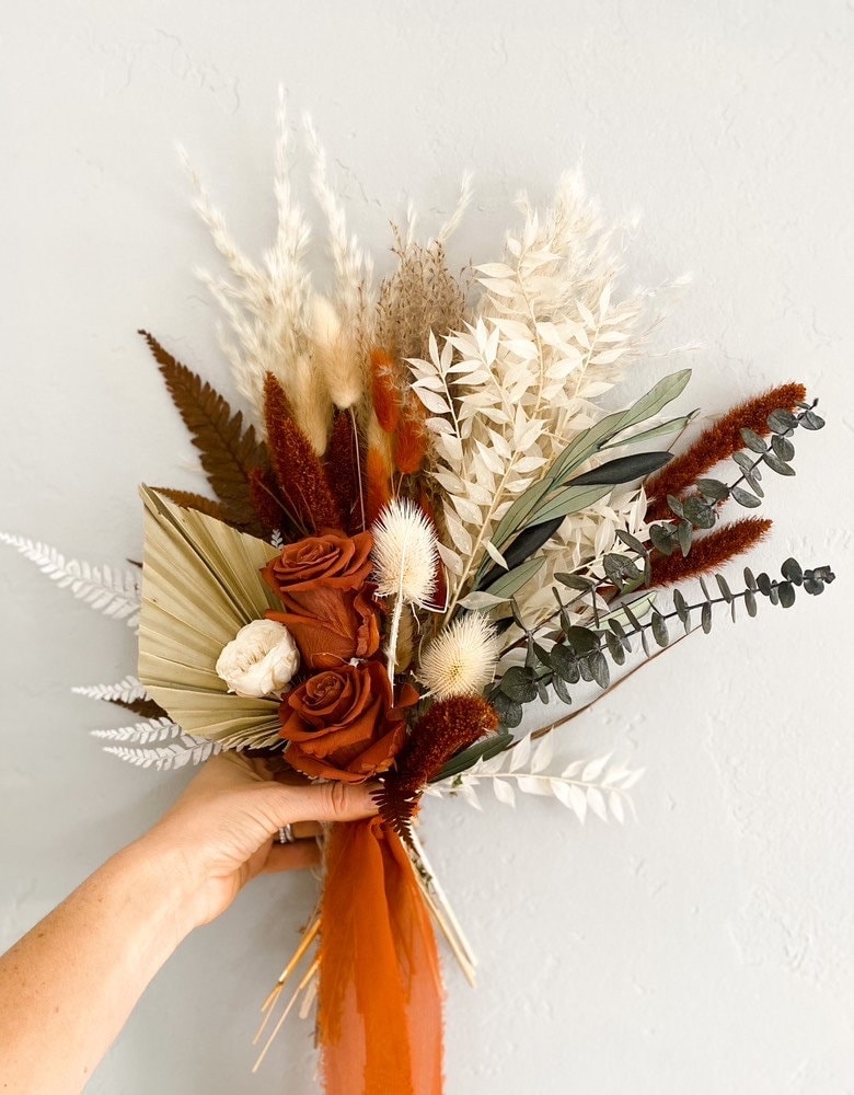 Small Olive + Rust Pampas Grass Bouquet/ Bride and Bridesmaids/ Dried Flower Bouquet/ Wedding Flowers