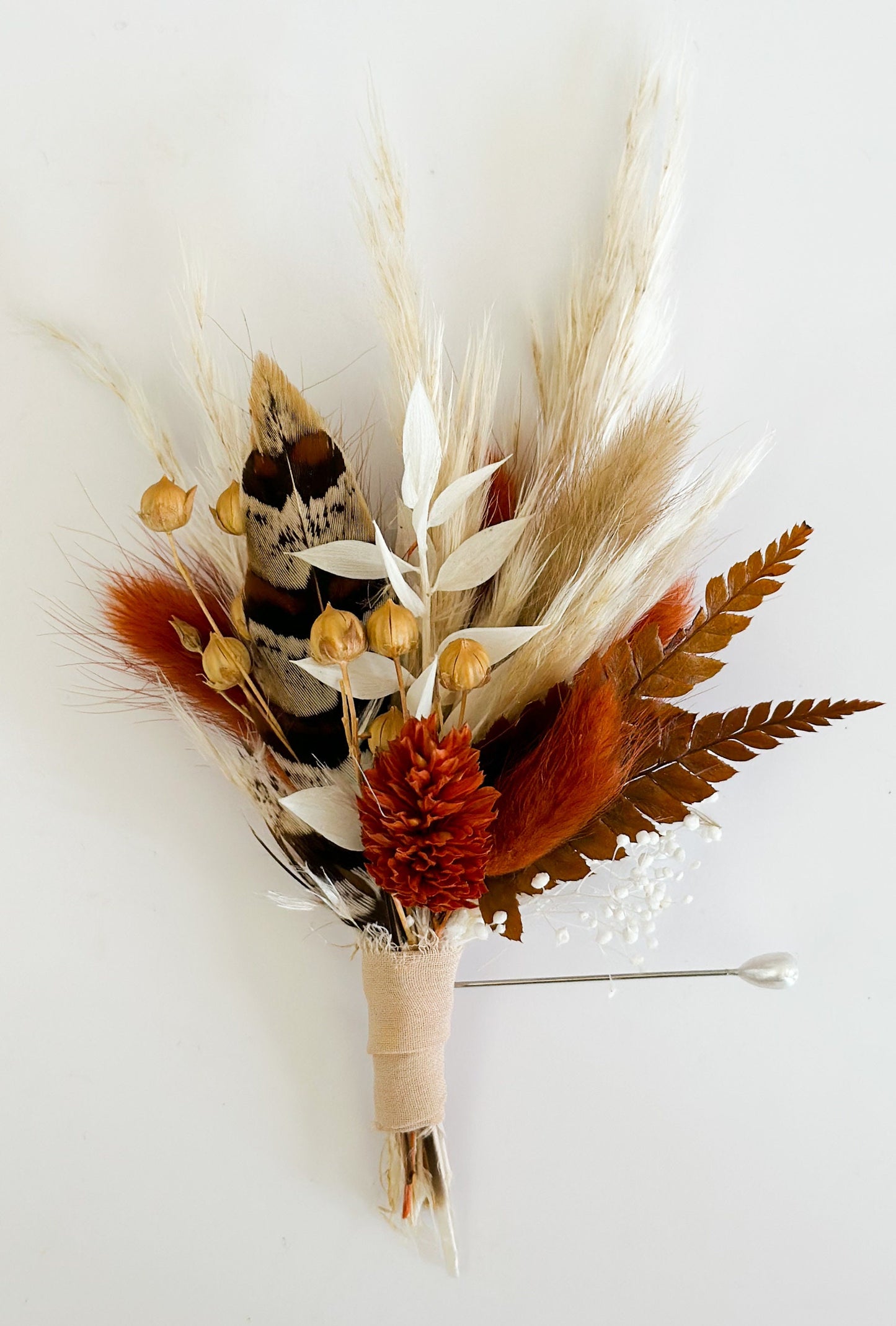 Terracotta Pheasant Feather Boutonniere/ Wedding Flowers/ Groom and Groomsmen/ Dried Flowers