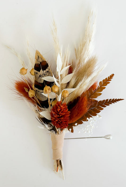 Terracotta Pheasant Feather Boutonniere/ Wedding Flowers/ Groom and Groomsmen/ Dried Flowers