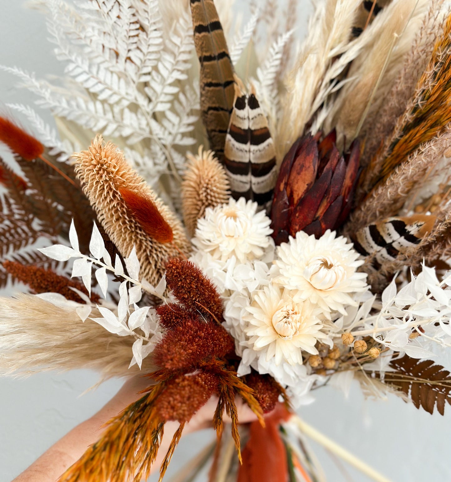 Small Terracotta + Rust Pheasant Feather Bouquet/ Bride and Bridesmaids/ Dried Flower Bouquet/ Wedding Flowers