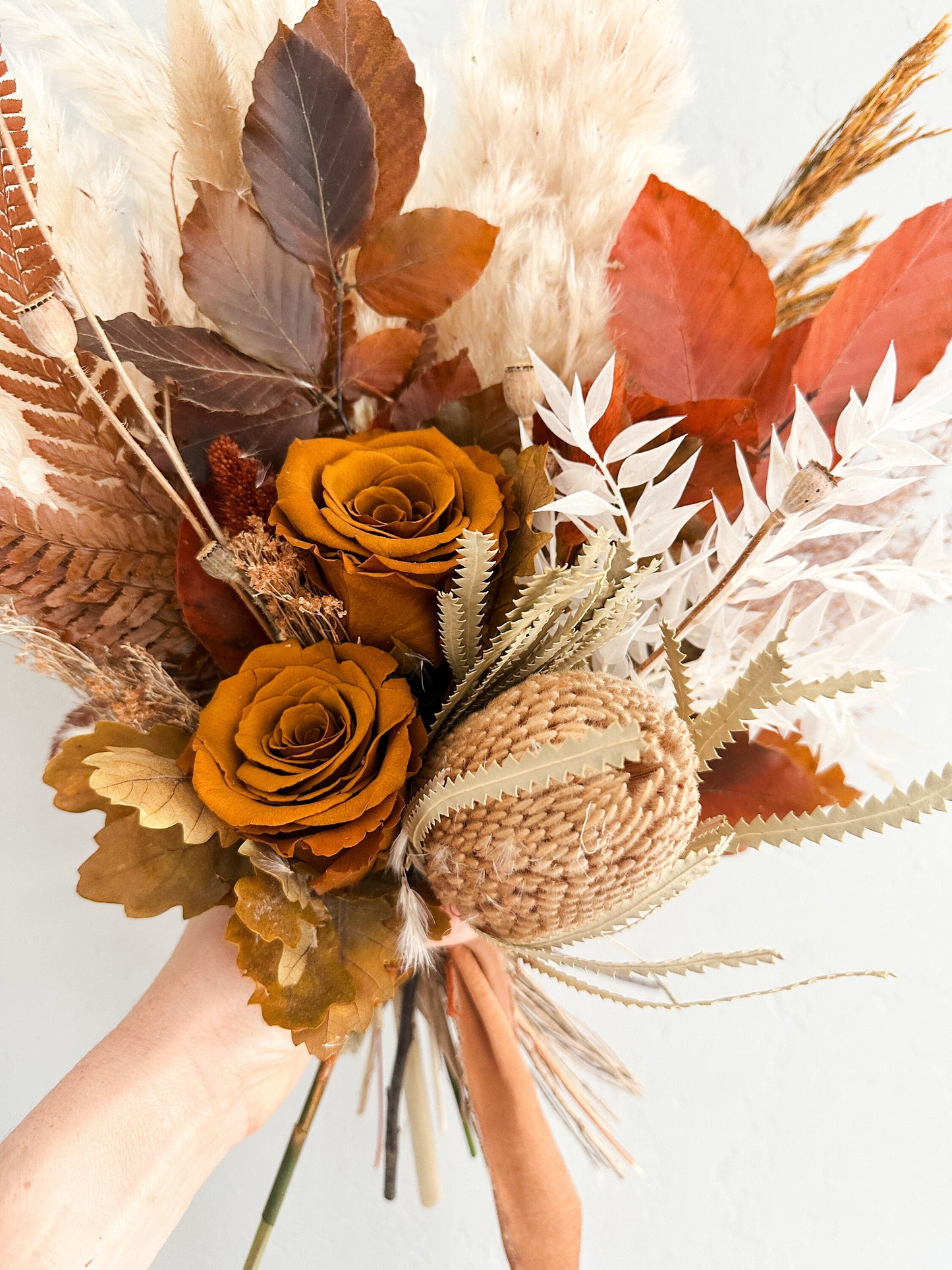 Small Toffee Rose + Fall Leaf Bouquet/ Wedding Flowers