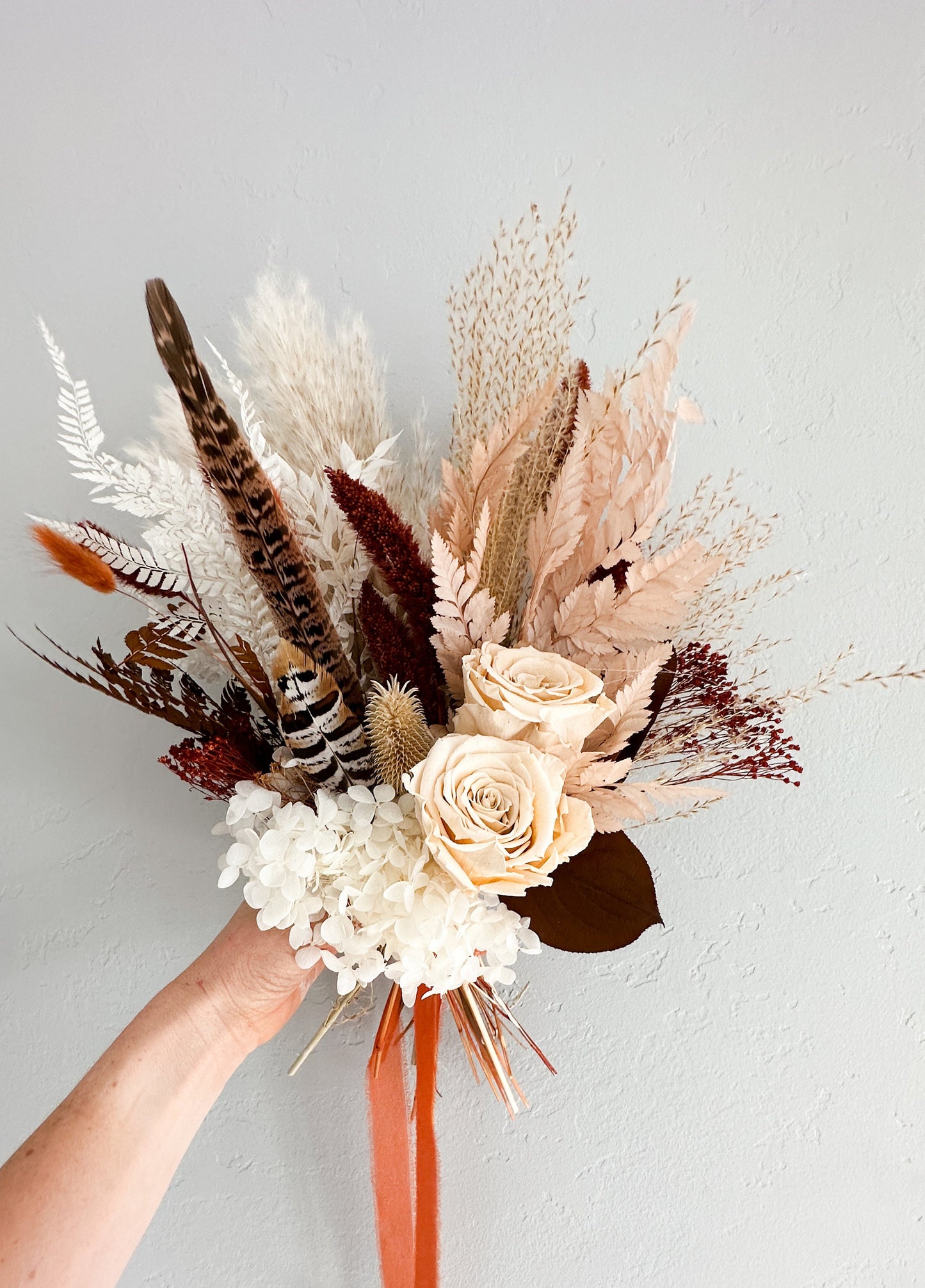 Small Terracotta, Blush + Pheasant Feather Pampas Grass Bouquet/ Bride and Bridesmaids/ Dried Flower Bouquet/ Wedding Flowers