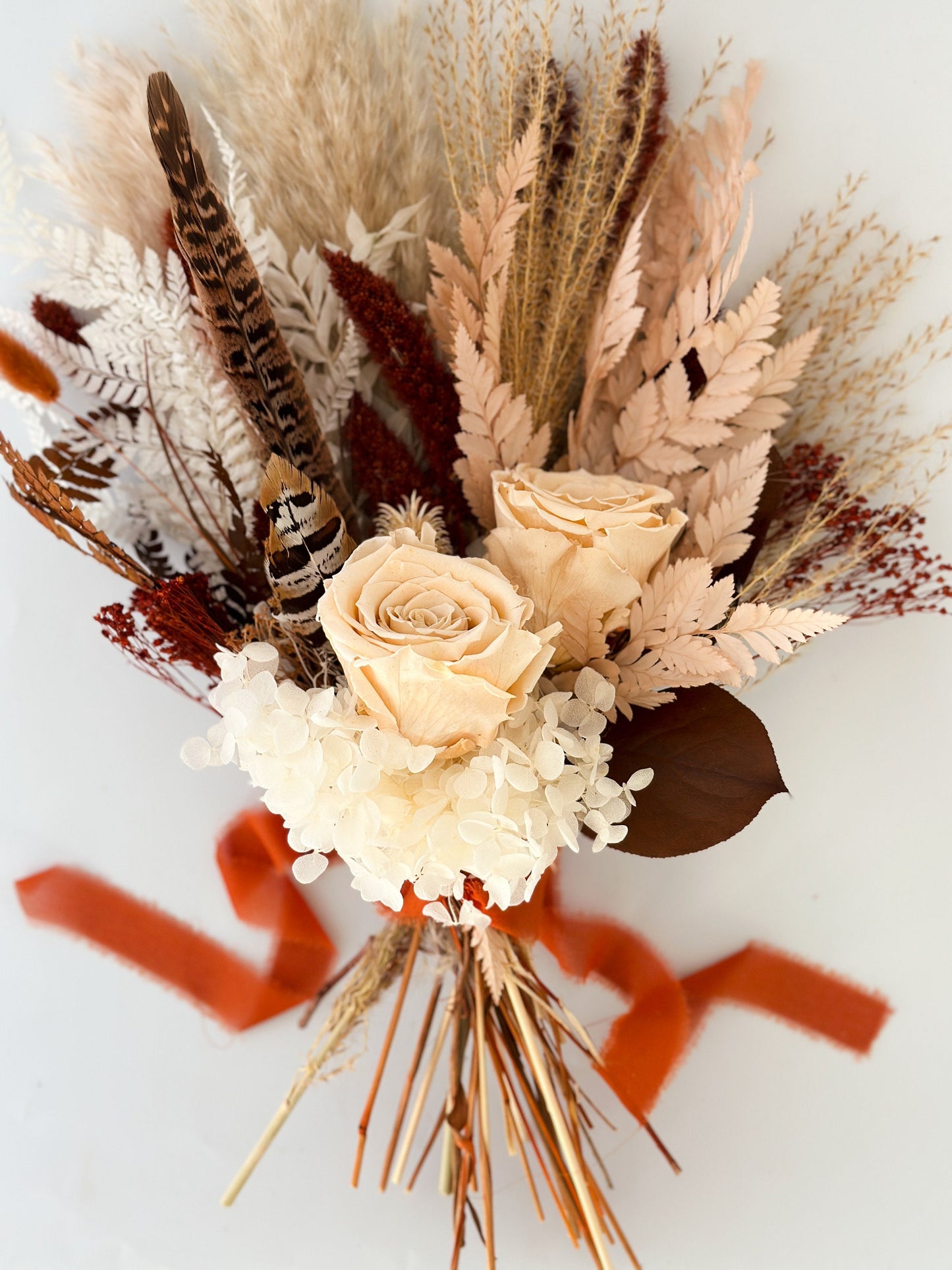 Small Terracotta, Blush + Pheasant Feather Pampas Grass Bouquet/ Bride and Bridesmaids/ Dried Flower Bouquet/ Wedding Flowers