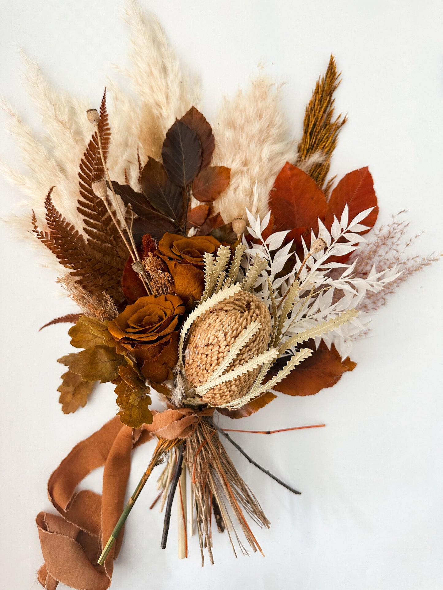 Small Toffee Rose + Fall Leaf Bouquet/ Wedding Flowers