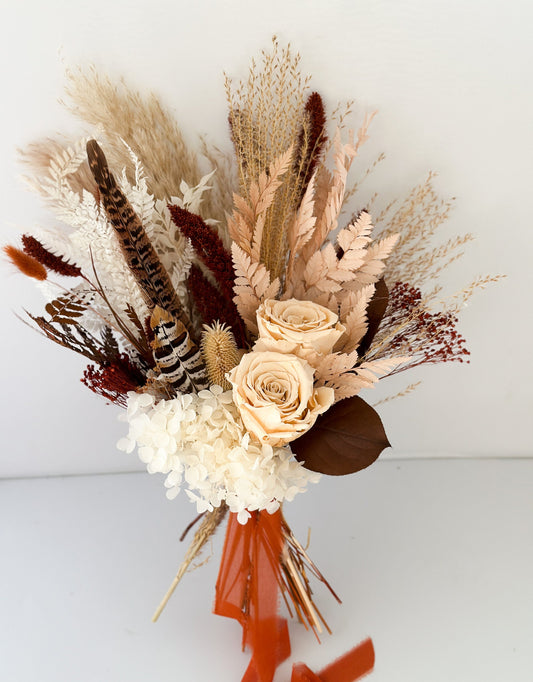 Small Terracotta, Blush + Pheasant Feather Pampas Grass Bouquet/ Bride and Bridesmaids/ Dried Flower Bouquet/ Wedding Flowers