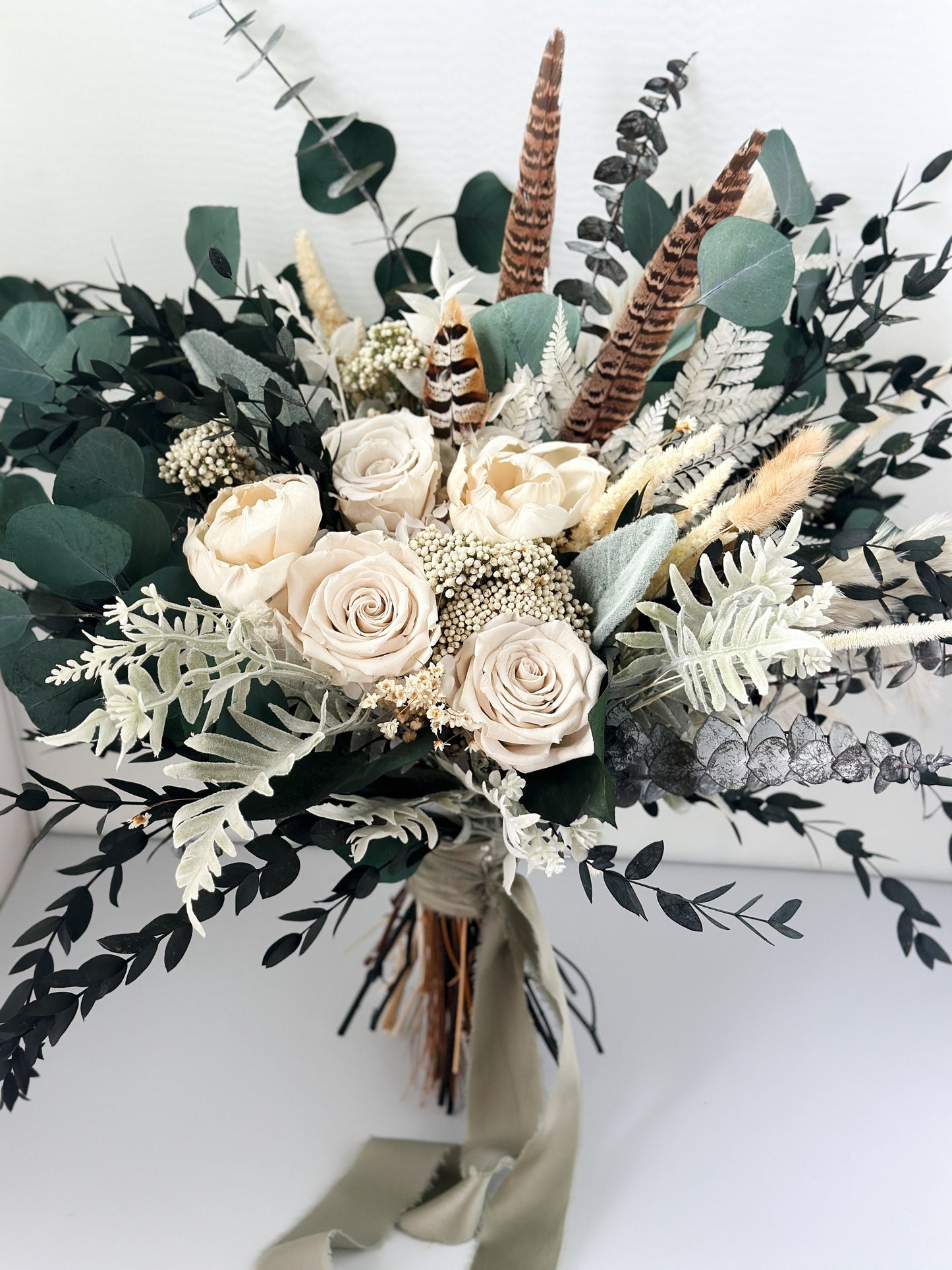 Sage + White Rose and Peony Dried Floral Bouquet/ Bride and Bridesmaids/ Dried Flower Bouquet/ Wedding Flowers