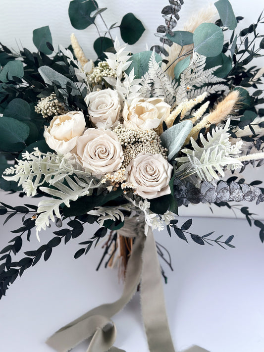 Sage + White Rose and Peony Dried Floral Bouquet/ Bride and Bridesmaids/ Dried Flower Bouquet/ Wedding Flowers