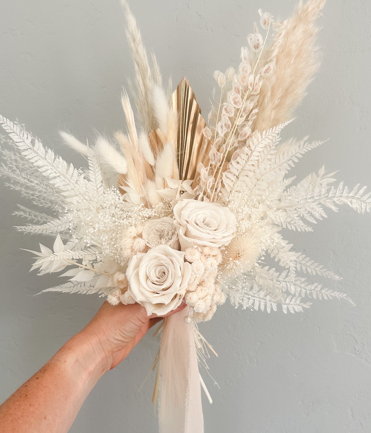 Small White Rose + Gold Palm Pampas Grass Bouquet/ Bride and Bridesmaids/ Dried Flower Bouquet/ Wedding Flowers