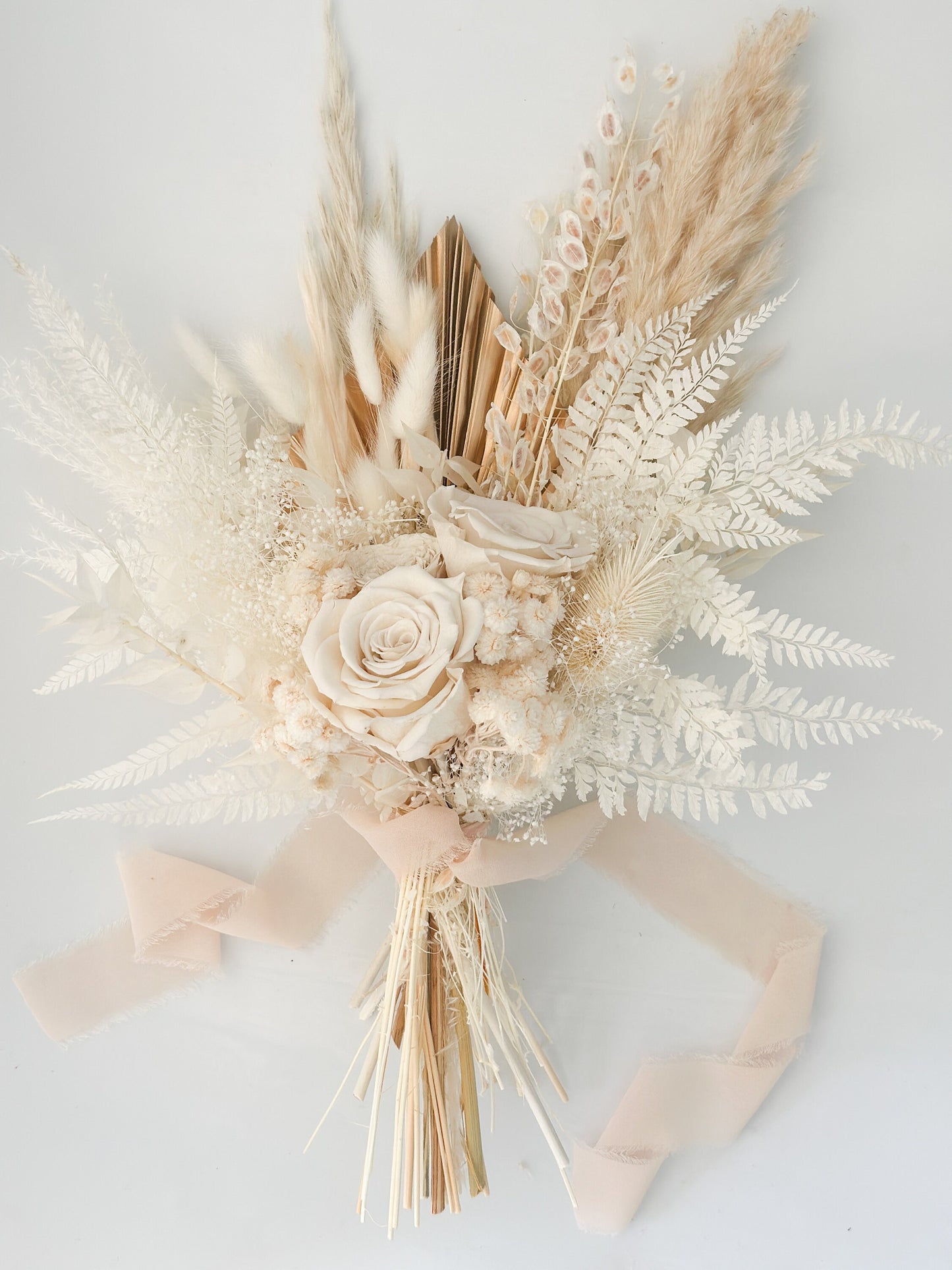 Small White Rose + Gold Palm Pampas Grass Bouquet/ Bride and Bridesmaids/ Dried Flower Bouquet/ Wedding Flowers