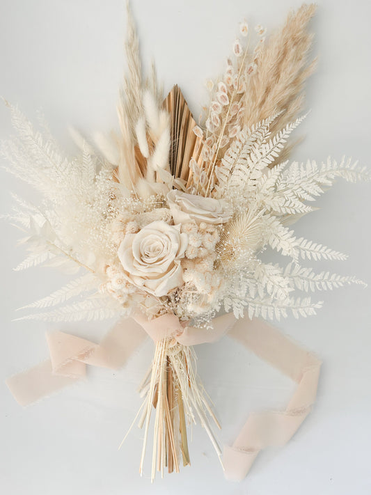 Small White Rose + Gold Palm Pampas Grass Bouquet/ Bride and Bridesmaids/ Dried Flower Bouquet/ Wedding Flowers