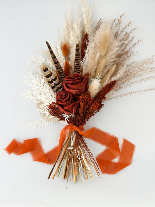 Small Rust, Terracotta + Pheasant Feather Dried Floral Bouquet/ Bride and Bridesmaids/ Dried Flower Bouquet/ Wedding Flowers