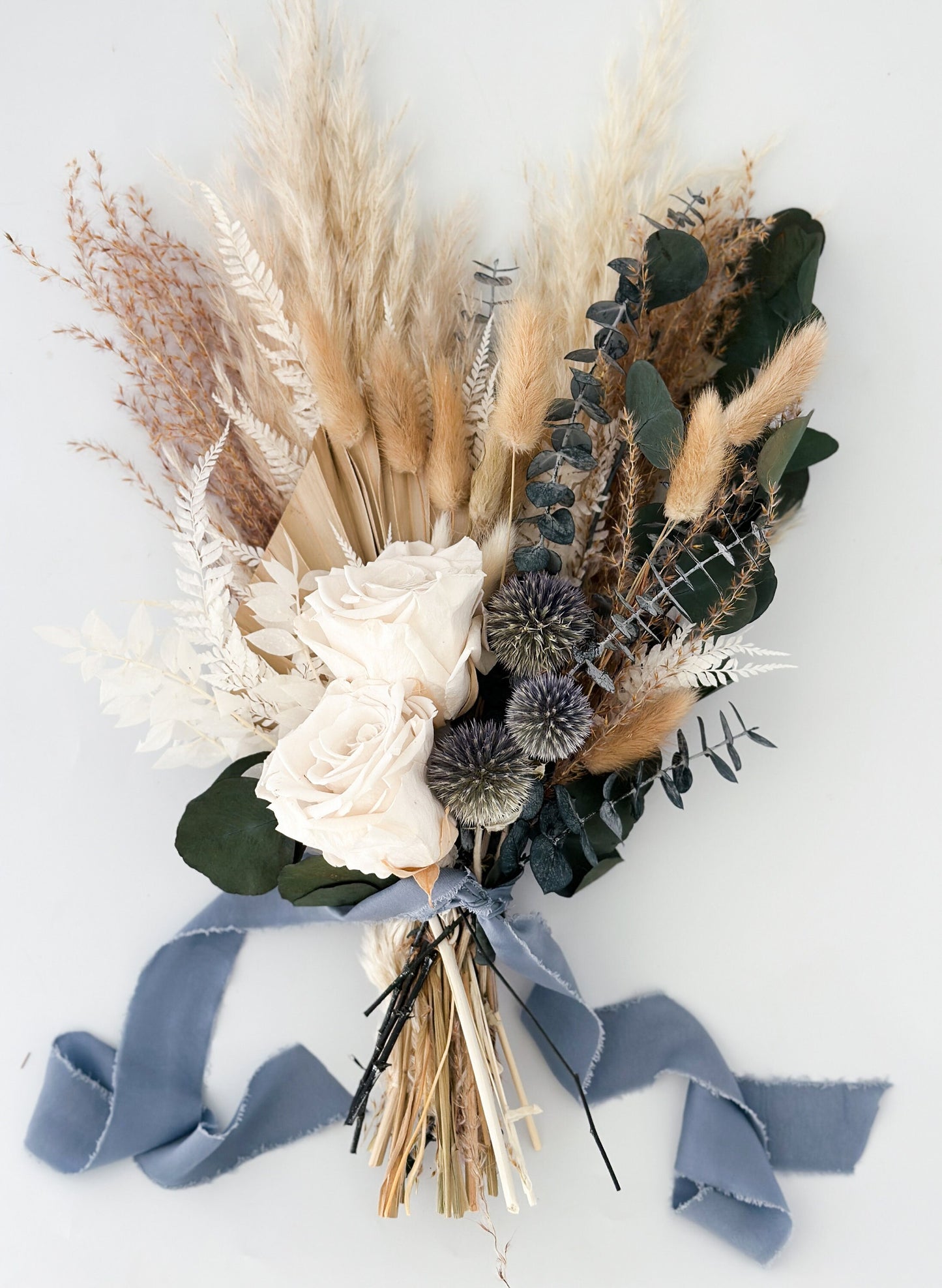 Small White Rose, Dusty Blue + Eucalyptus Bouquet