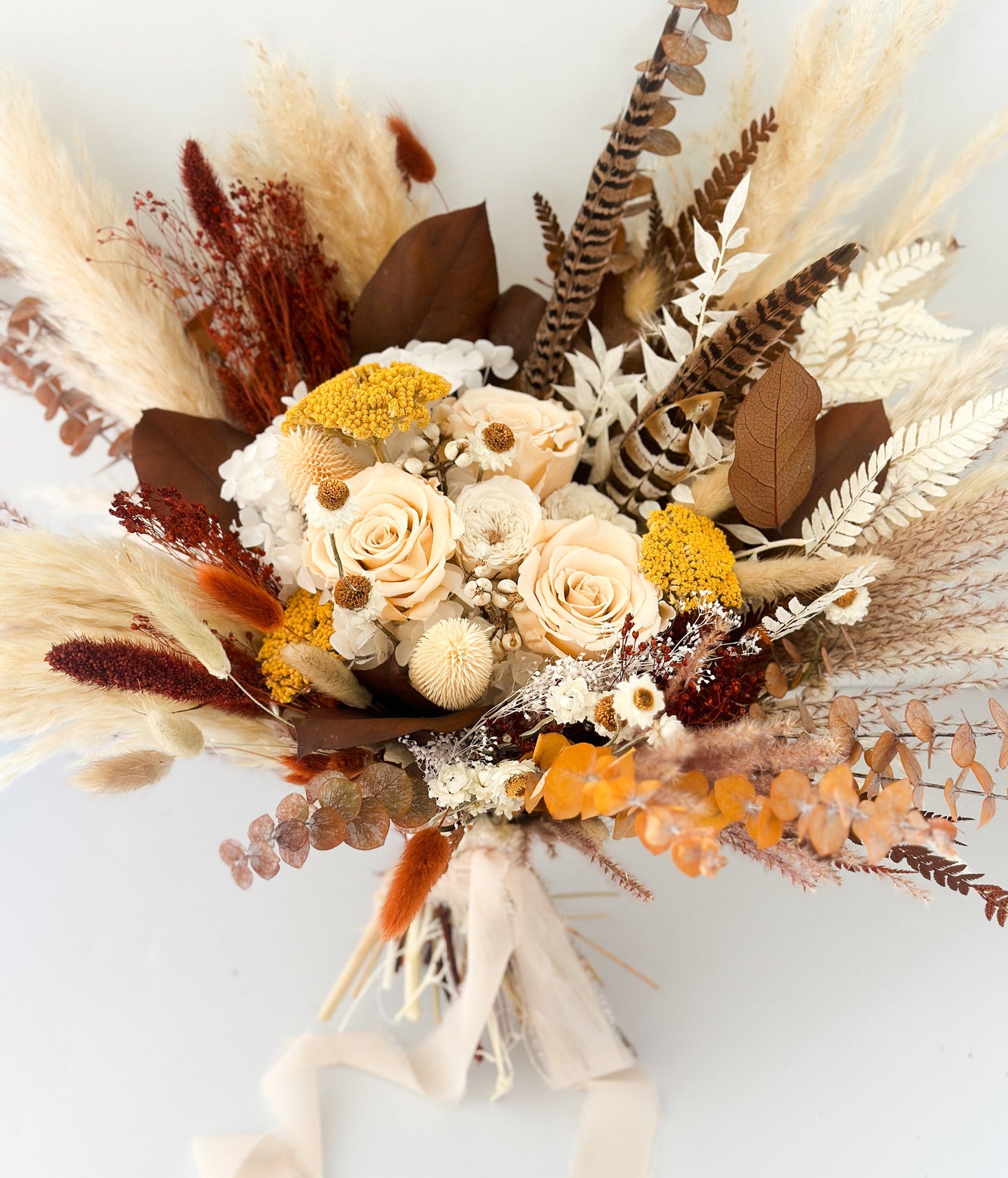 Terracotta, Mustard + Pheasant Feather Pampas Grass Bouquet/ Bride and Bridesmaids/ Dried Flower Bouquet/ Wedding Flowers