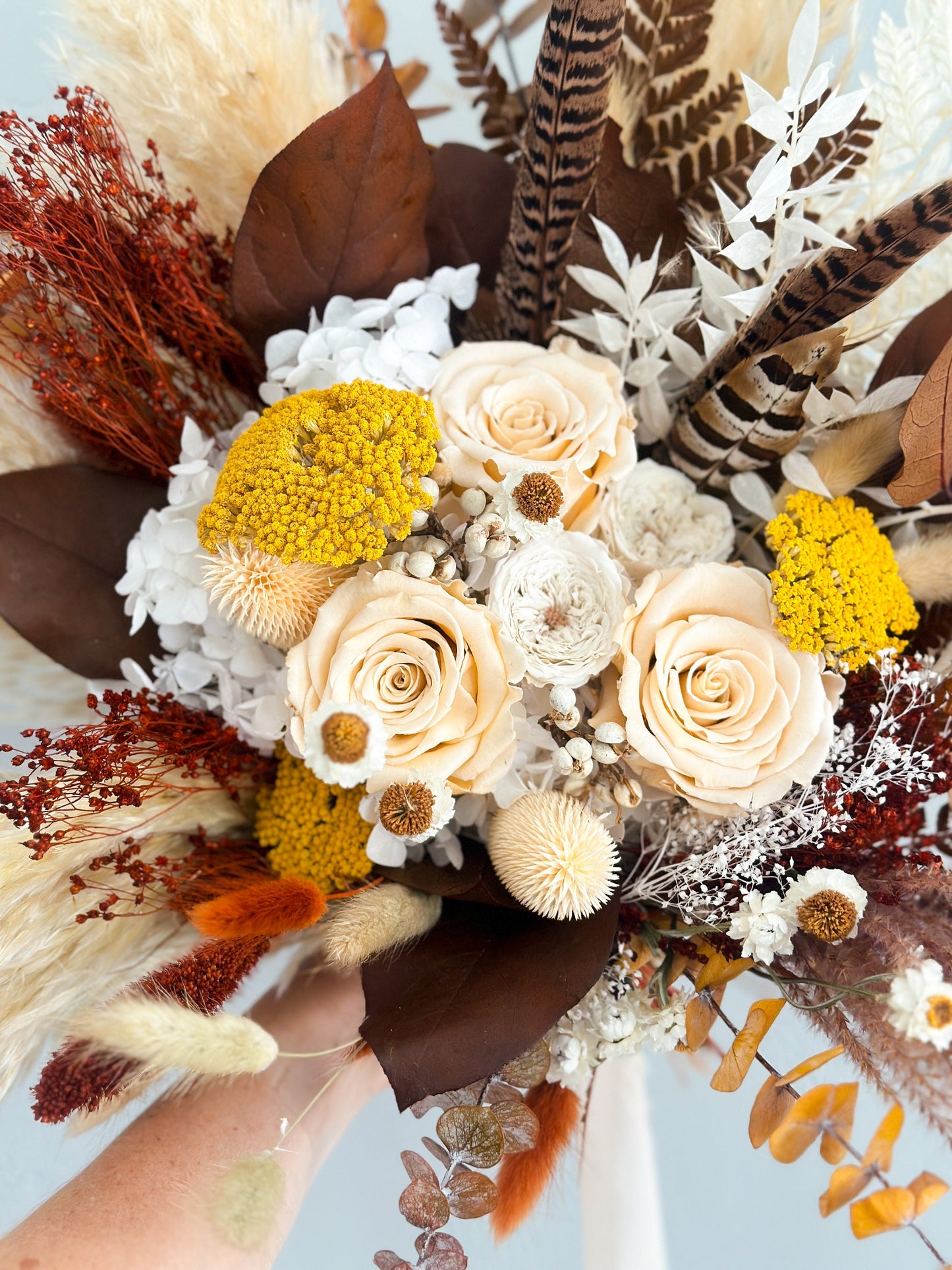 Terracotta, Mustard + Pheasant Feather Pampas Grass Bouquet/ Bride and Bridesmaids/ Dried Flower Bouquet/ Wedding Flowers