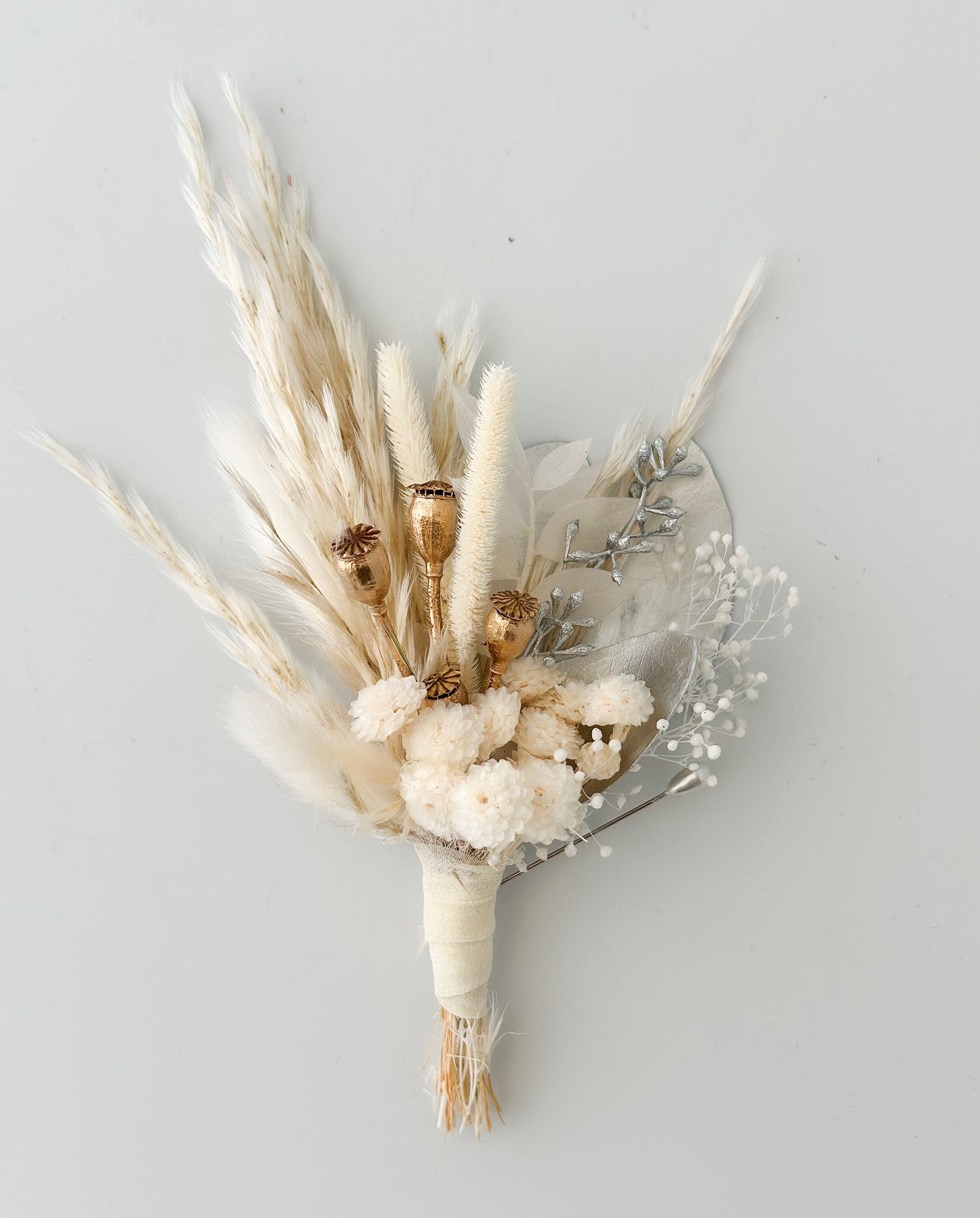 White, Gold + Silver Dried Flower Boutonniere/ Wedding Flowers/ Groom and Groomsmen/ Dried Flowers