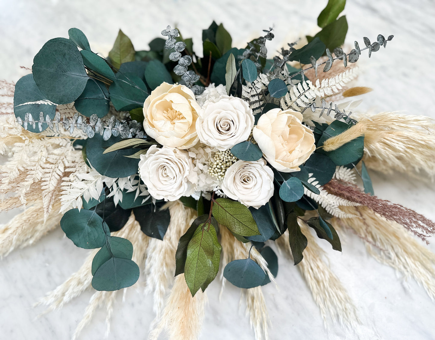 White Rose,  Peony + Eucalyptus Sweetheart Table Centerpiece