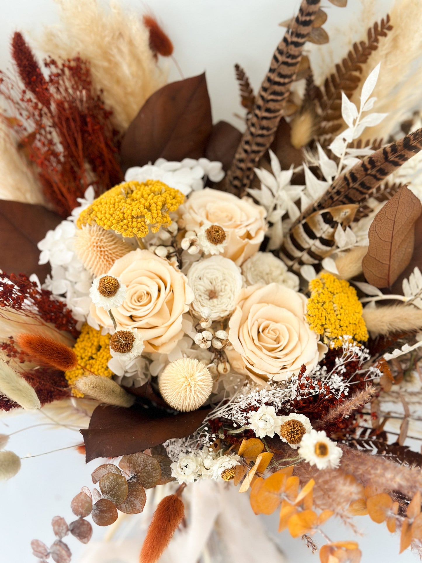 Terracotta, Mustard + Pheasant Feather Pampas Grass Bouquet/ Bride and Bridesmaids/ Dried Flower Bouquet/ Wedding Flowers