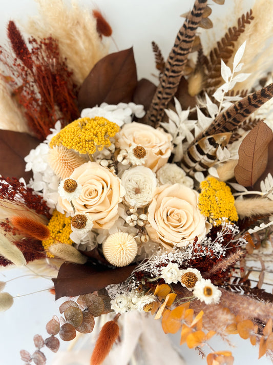 Terracotta, Mustard + Pheasant Feather Pampas Grass Bouquet/ Bride and Bridesmaids/ Dried Flower Bouquet/ Wedding Flowers