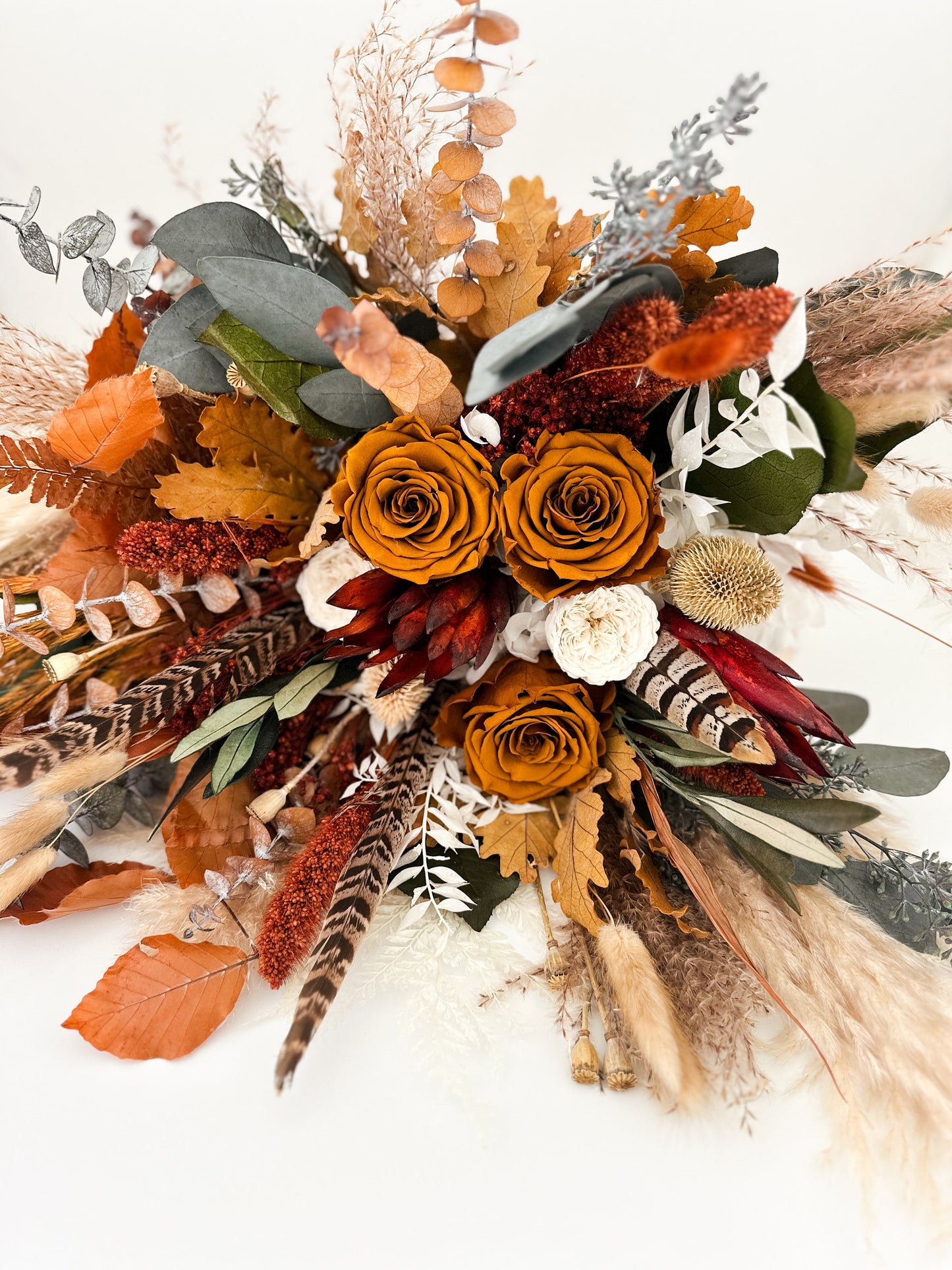 Terracotta, Burnt Orange + Pheasant Feather Dried Flower Bouquet/ Bride and Bridesmaids/ Dried Flower Bouquet/ Wedding Flowers