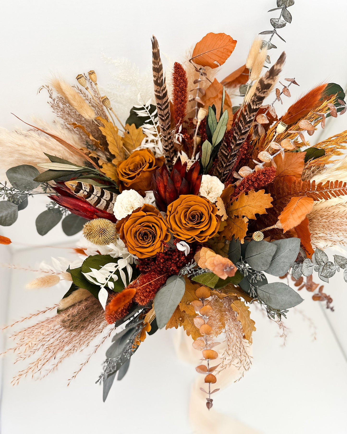 Terracotta, Burnt Orange + Pheasant Feather Dried Flower Bouquet/ Bride and Bridesmaids/ Dried Flower Bouquet/ Wedding Flowers