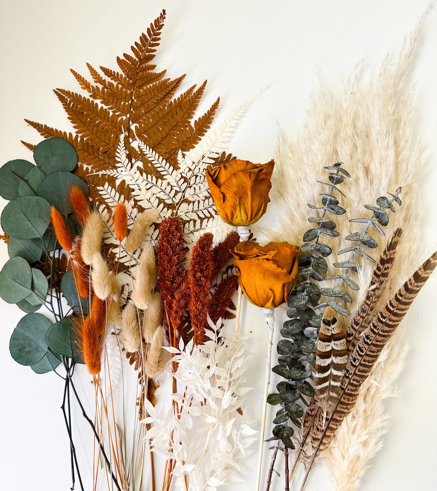 Terracotta + Pheasant Feather and Greenery Cake Flowers, Flat Lay Flowers, DIY/ Wedding flowers/ Dried Flowers