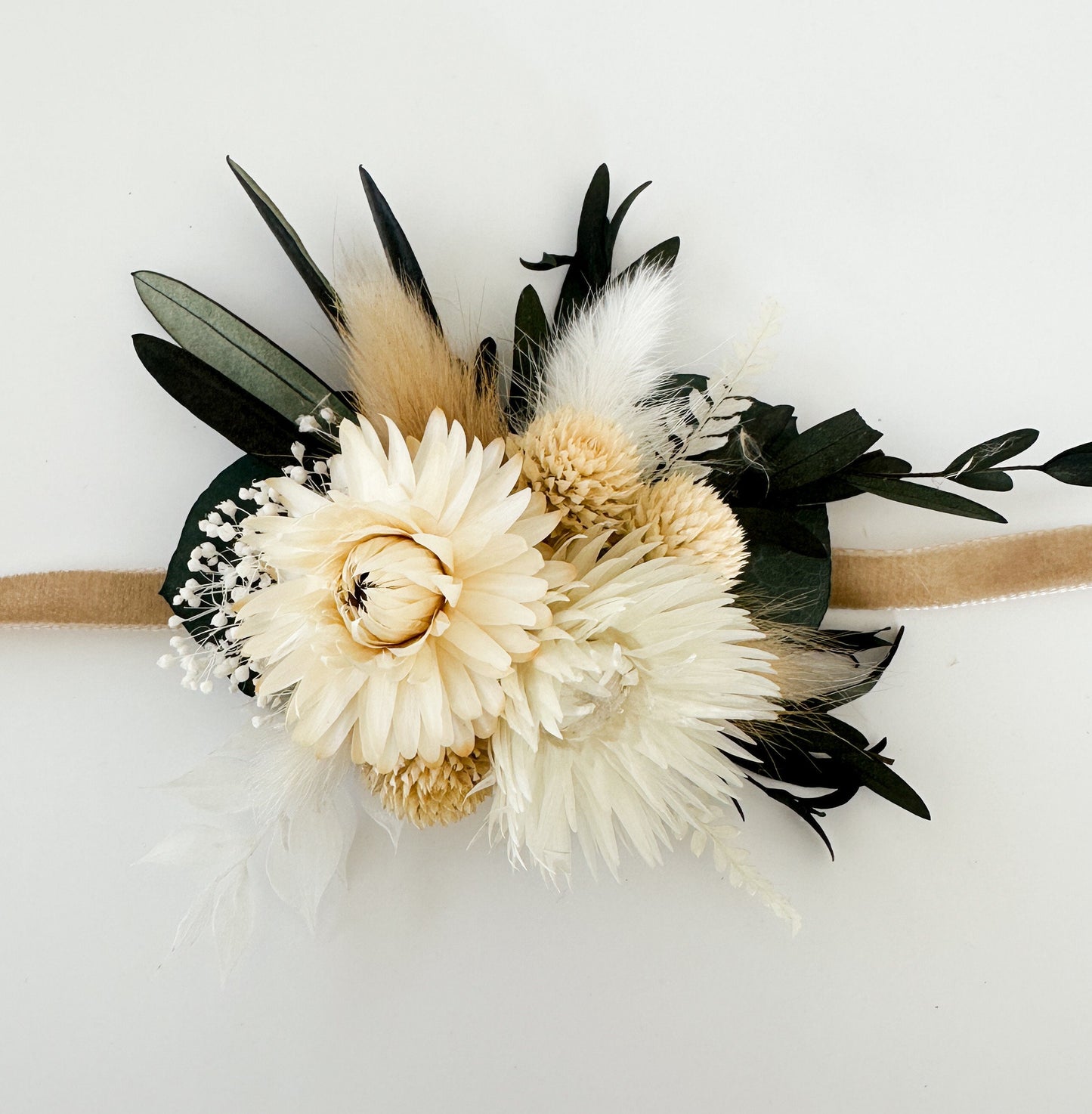White, Cream + Greenery Strawflower Corsage/ Wedding Flowers/ Dried Flowers