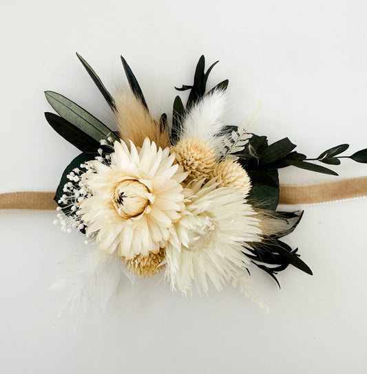 White, Cream + Greenery Strawflower Corsage/ Wedding Flowers/ Dried Flowers