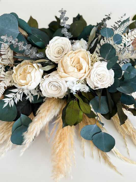 White Rose,  Peony + Eucalyptus Sweetheart Table Centerpiece