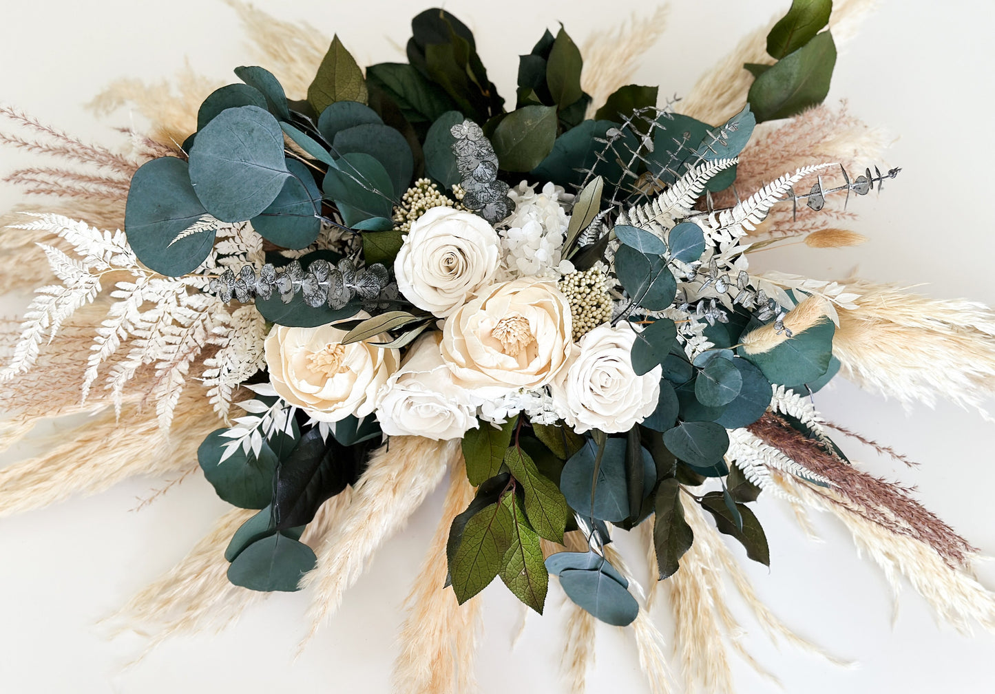 White Rose,  Peony + Eucalyptus Sweetheart Table Centerpiece