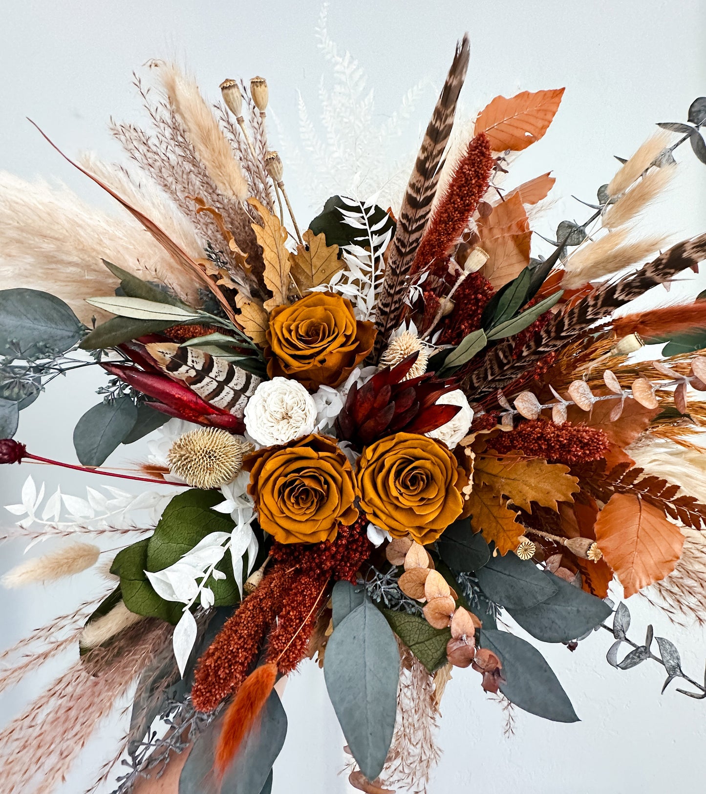 Terracotta, Burnt Orange + Pheasant Feather Dried Flower Bouquet/ Bride and Bridesmaids/ Dried Flower Bouquet/ Wedding Flowers