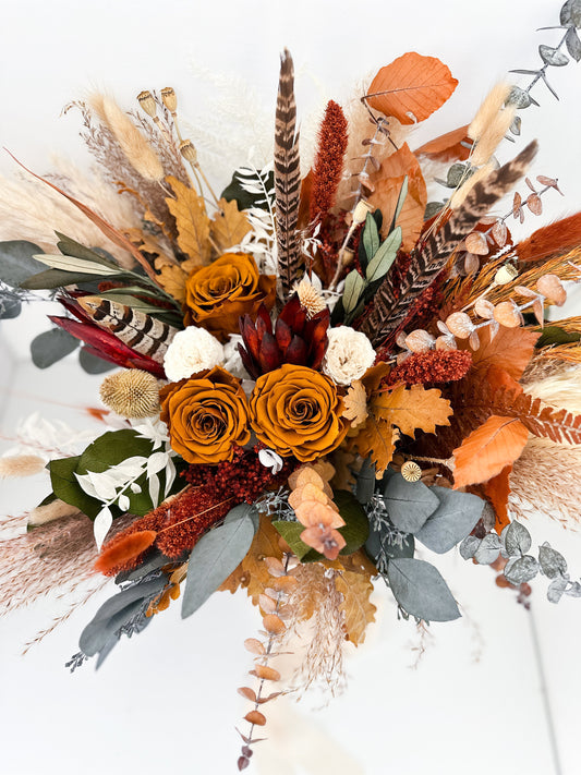 Terracotta, Burnt Orange + Pheasant Feather Dried Flower Bouquet/ Bride and Bridesmaids/ Dried Flower Bouquet/ Wedding Flowers