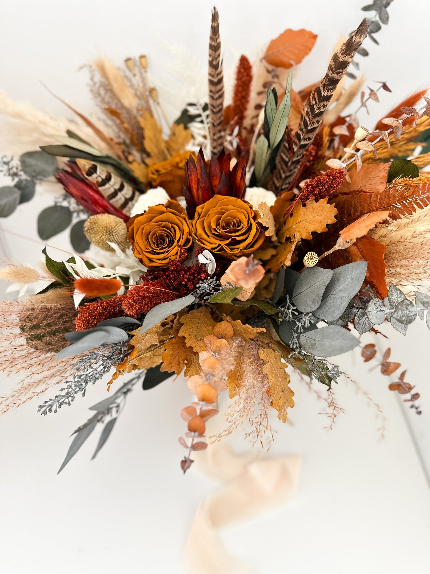 Terracotta, Burnt Orange + Pheasant Feather Dried Flower Bouquet/ Bride and Bridesmaids/ Dried Flower Bouquet/ Wedding Flowers