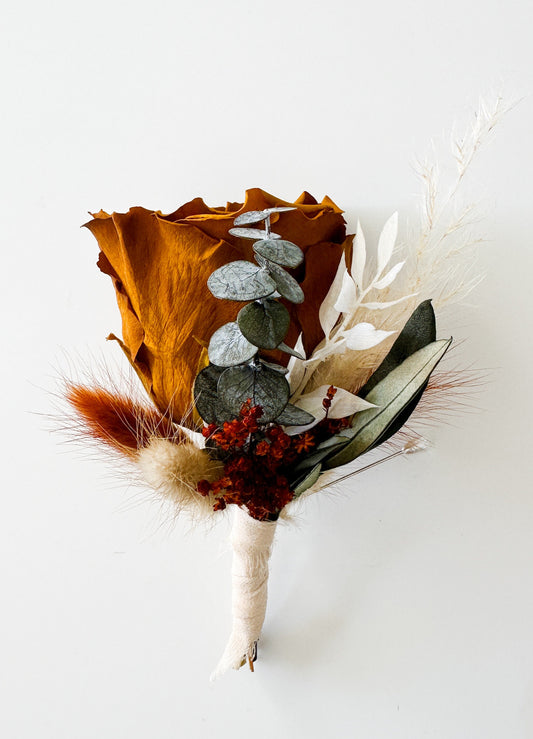 Terracotta + Rust Eucalyptus Dried Flower Boutonniere/ Wedding Flowers/ Groom and Groomsmen