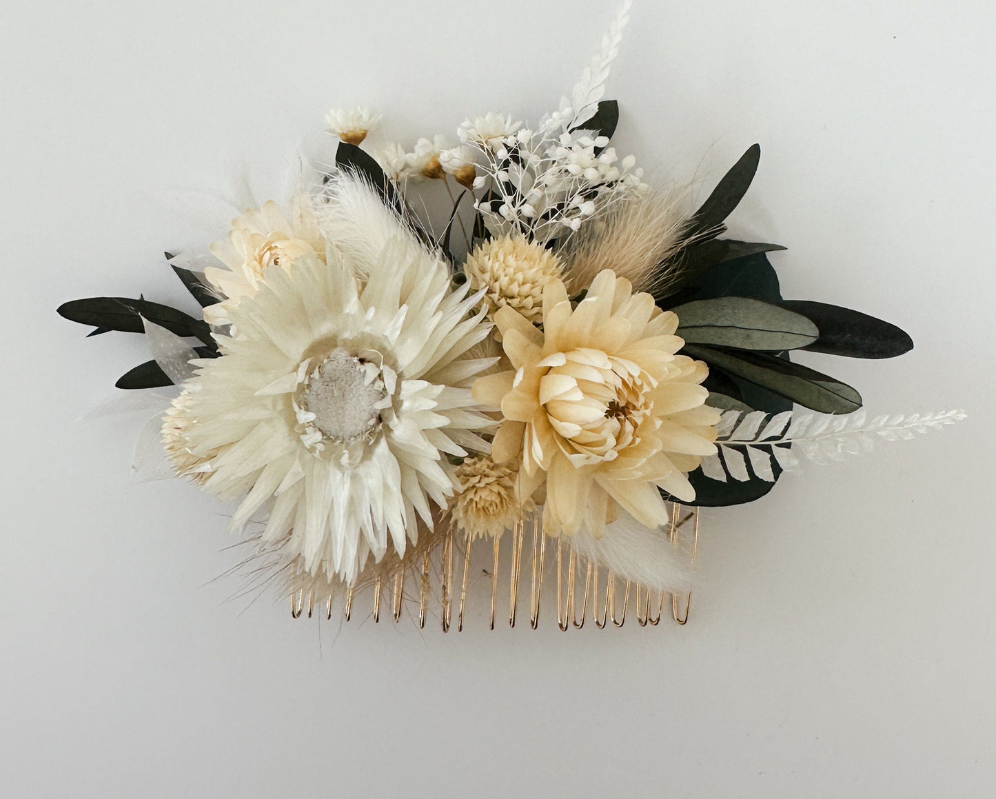 White, Cream + Greenery Dried Flower Hair Comb/ Wedding Hair/ Bride and Bridesmaids