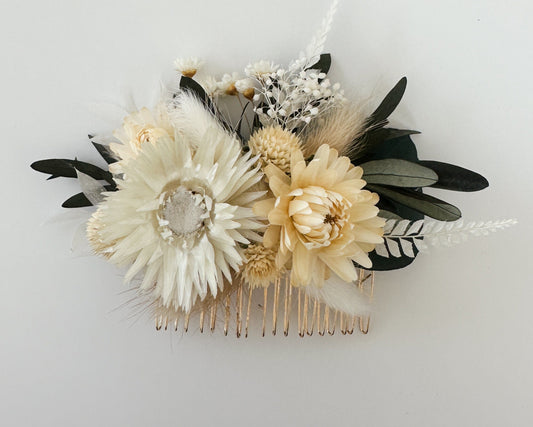 White, Cream + Greenery Dried Flower Hair Comb/ Wedding Hair/ Bride and Bridesmaids
