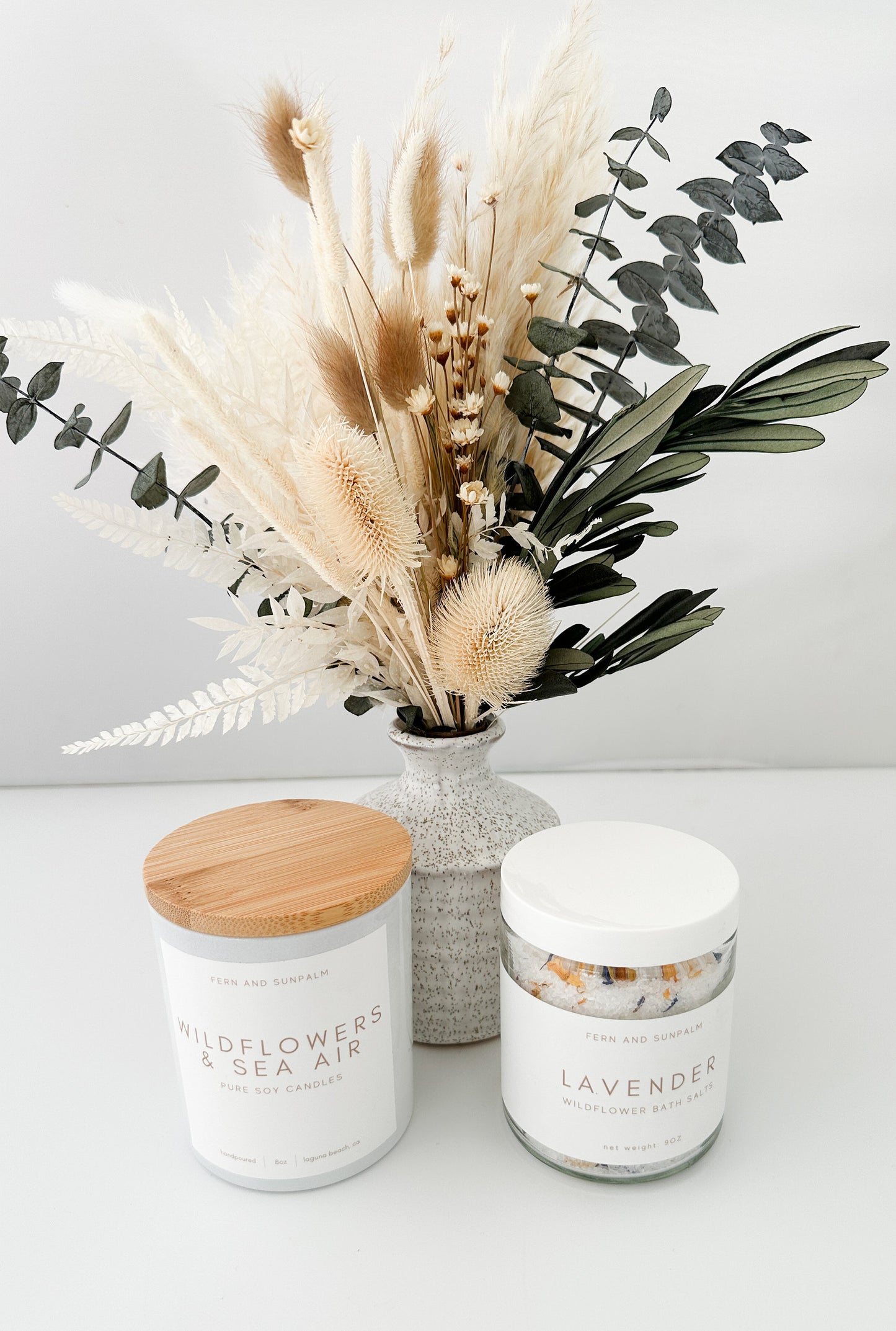 Summer Floral Inspired Seasonal Gift Box with Candle, Bath Salts and Small Dried Flower Arrangement