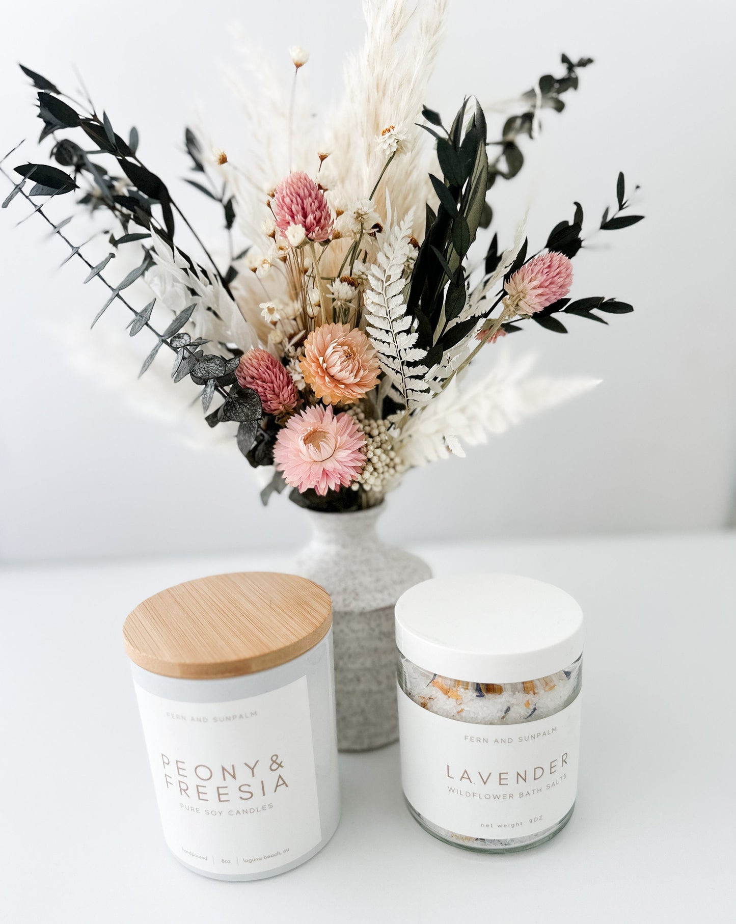 Spring Floral Inspired Seasonal Gift Box with Candle, Bath Salts and Small Dried Flower Arrangement