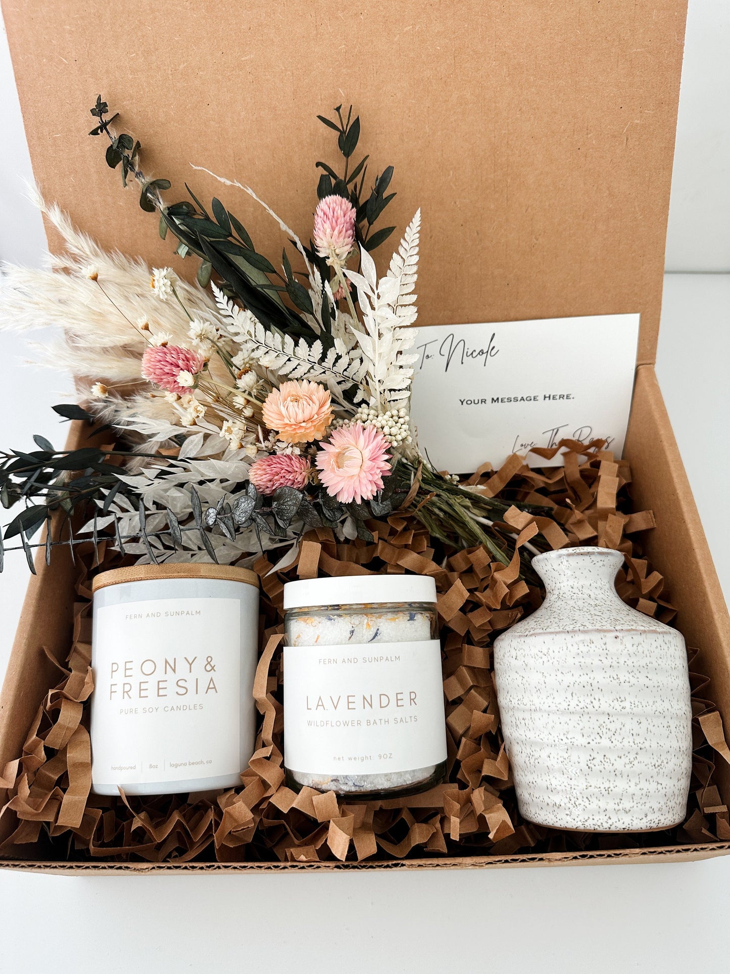 Spring Floral Inspired Seasonal Gift Box with Candle, Bath Salts and Small Dried Flower Arrangement