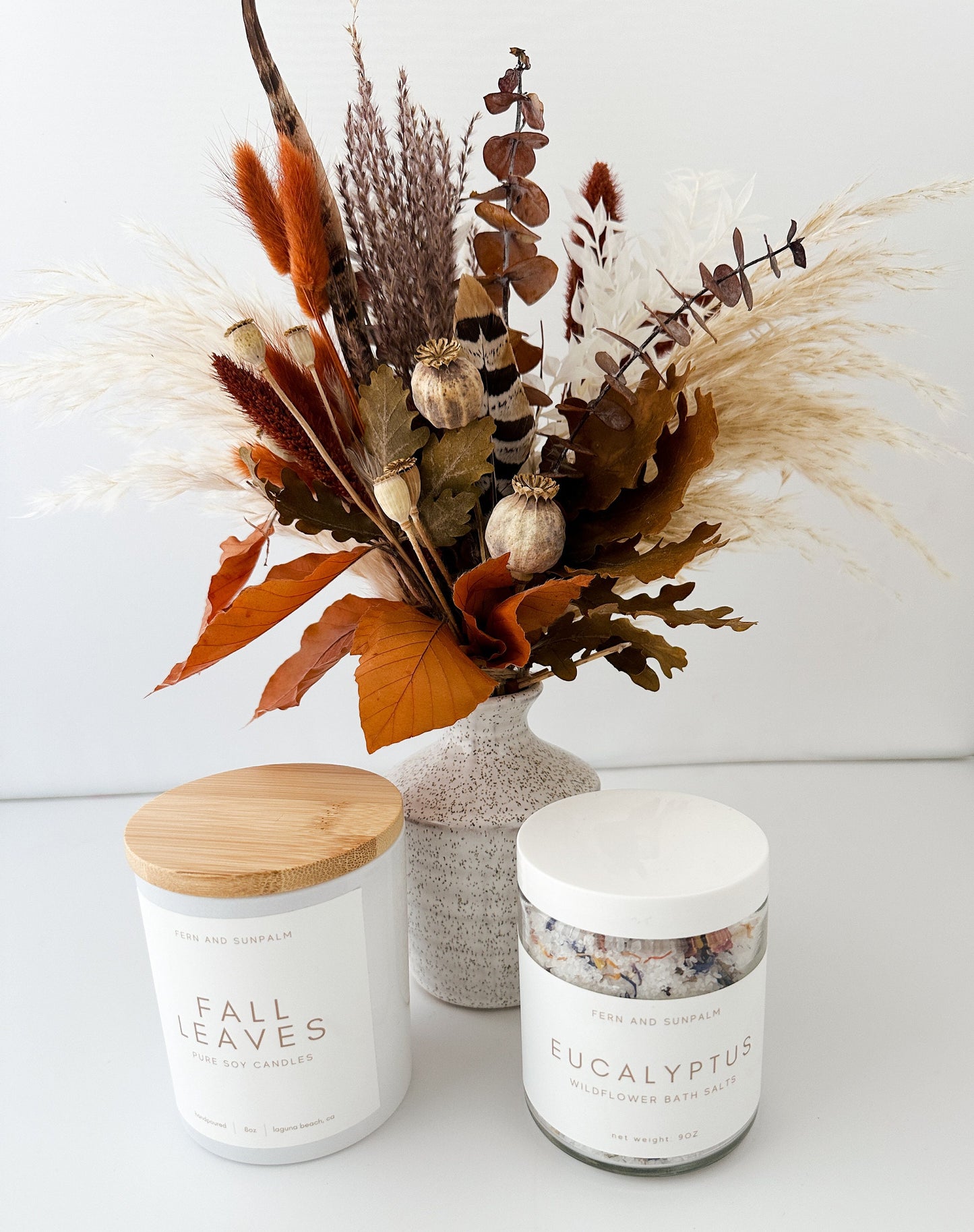 Fall Floral Inspired Seasonal Gift Box with Candle, Bath Salts and Small Dried Flower Arrangement