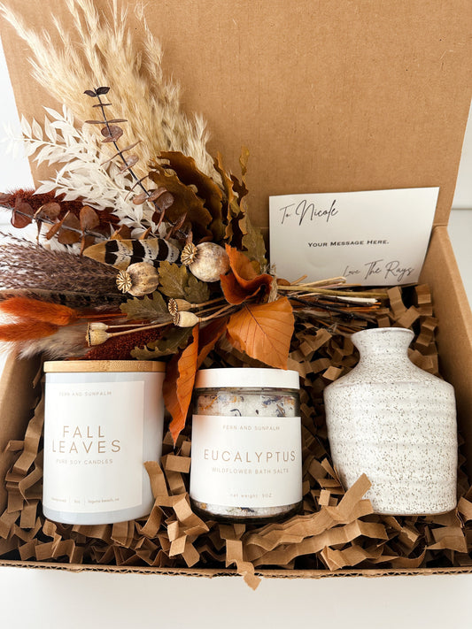 Fall Floral Inspired Seasonal Gift Box with Candle, Bath Salts and Small Dried Flower Arrangement