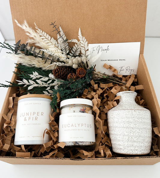Winter Floral Inspired Seasonal Gift Box with Candle, Bath Salts and Small Dried Flower Arrangement