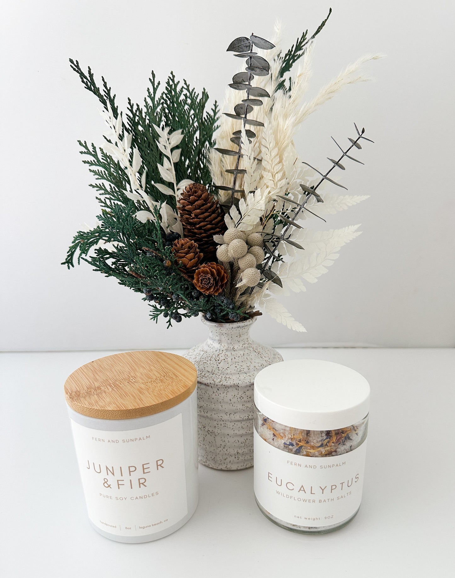Winter Floral Inspired Seasonal Gift Box with Candle, Bath Salts and Small Dried Flower Arrangement